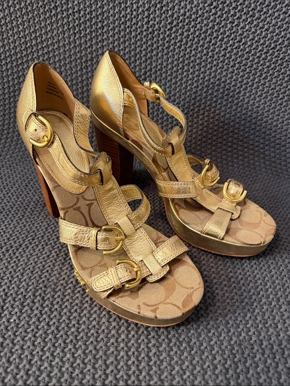 Coach Gold Leather & Signature Canvas Platform Heels